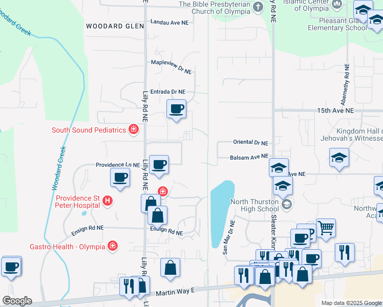 map of restaurants, bars, coffee shops, grocery stores, and more near 606 Lilly Road Northeast in Olympia