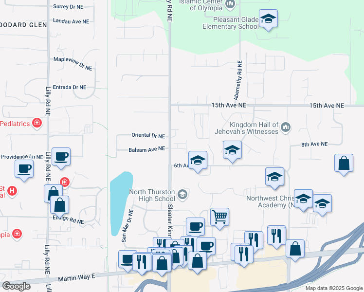 map of restaurants, bars, coffee shops, grocery stores, and more near 820 Taylor Lane Northeast in Lacey