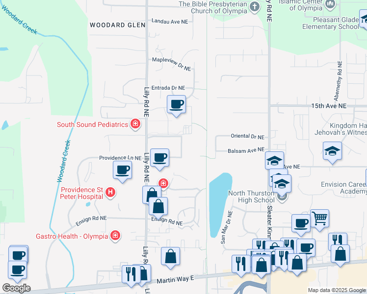 map of restaurants, bars, coffee shops, grocery stores, and more near 606 Lilly Road Northeast in Olympia