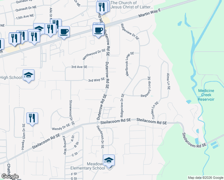 map of restaurants, bars, coffee shops, grocery stores, and more near 424 Duterrow Road Southeast in Olympia