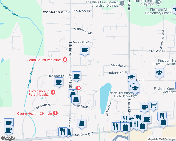 map of restaurants, bars, coffee shops, grocery stores, and more near 606 Lilly Road Northeast in Olympia