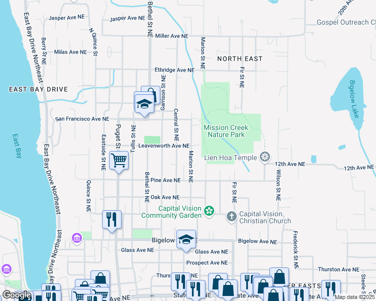 map of restaurants, bars, coffee shops, grocery stores, and more near 1205 Marion Street Northeast in Olympia