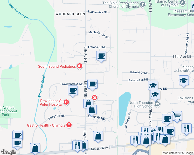 map of restaurants, bars, coffee shops, grocery stores, and more near 616 Lilly Road Northeast in Olympia