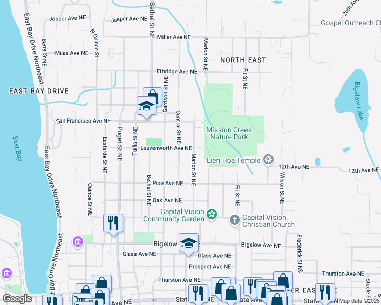 map of restaurants, bars, coffee shops, grocery stores, and more near 1205 Marion Street Northeast in Olympia