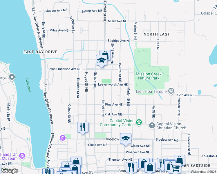 map of restaurants, bars, coffee shops, grocery stores, and more near 1142 Bethel Street Northeast in Olympia