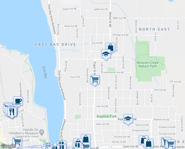 map of restaurants, bars, coffee shops, grocery stores, and more near 1203 Puget Street Northeast in Olympia