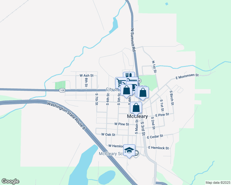 map of restaurants, bars, coffee shops, grocery stores, and more near 115 South 5th Street in McCleary