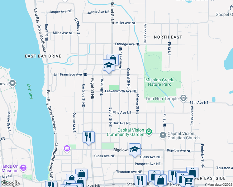 map of restaurants, bars, coffee shops, grocery stores, and more near 1142 Bethel Street Northeast in Olympia