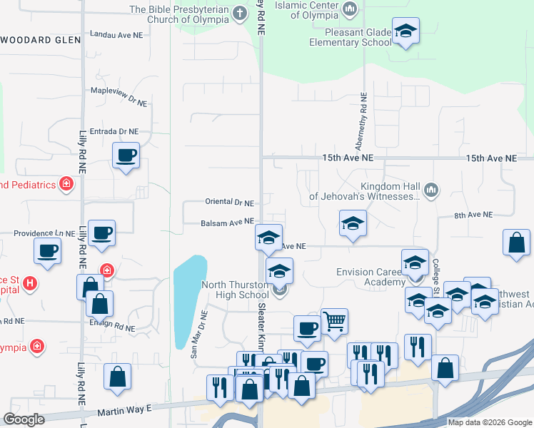 map of restaurants, bars, coffee shops, grocery stores, and more near 4132 8th Lane Northeast in Lacey