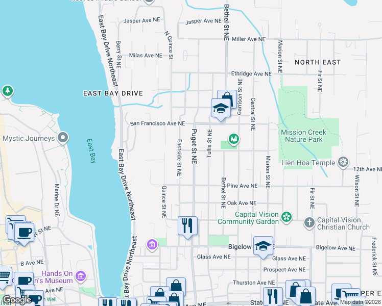 map of restaurants, bars, coffee shops, grocery stores, and more near 1203 Puget Street Northeast in Olympia