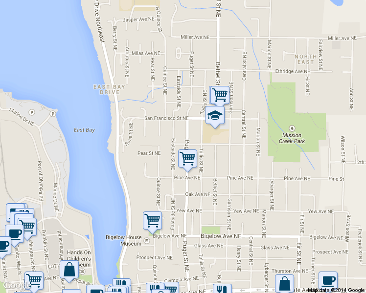 map of restaurants, bars, coffee shops, grocery stores, and more near 1203 Puget Street Northeast in Olympia