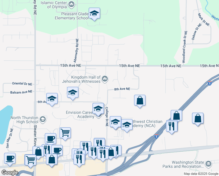 map of restaurants, bars, coffee shops, grocery stores, and more near 4600 8th Avenue Northeast in Lacey