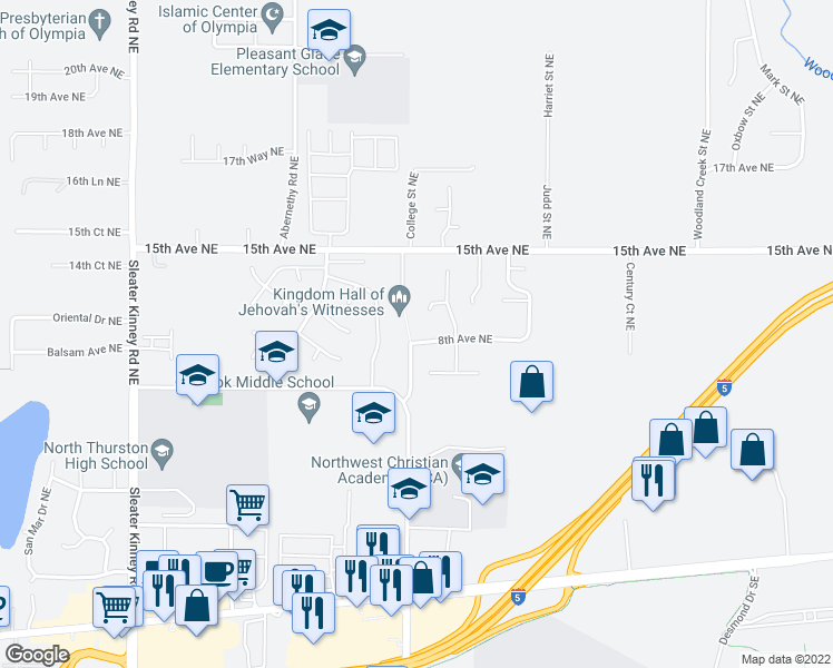 map of restaurants, bars, coffee shops, grocery stores, and more near 4126 8th Avenue Northeast in Lacey