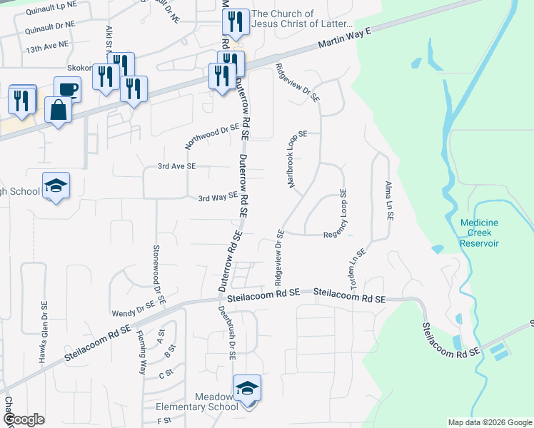 map of restaurants, bars, coffee shops, grocery stores, and more near 424 Duterrow Road Southeast in Olympia