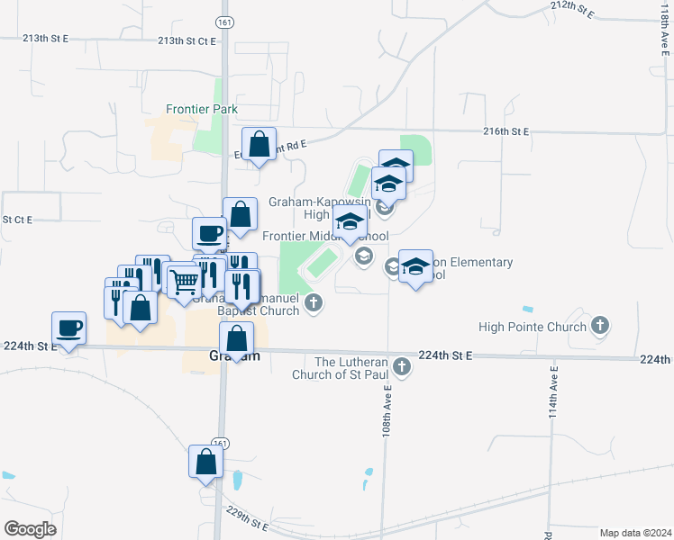map of restaurants, bars, coffee shops, grocery stores, and more near 22110 108th Avenue East in Graham