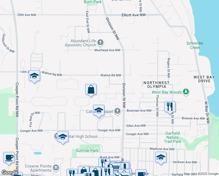 map of restaurants, bars, coffee shops, grocery stores, and more near 1215 Bing Street Northwest in Olympia