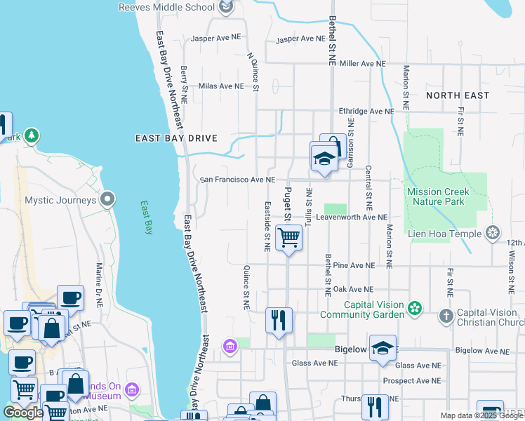 map of restaurants, bars, coffee shops, grocery stores, and more near 1307 Eastside Street Northeast in Olympia
