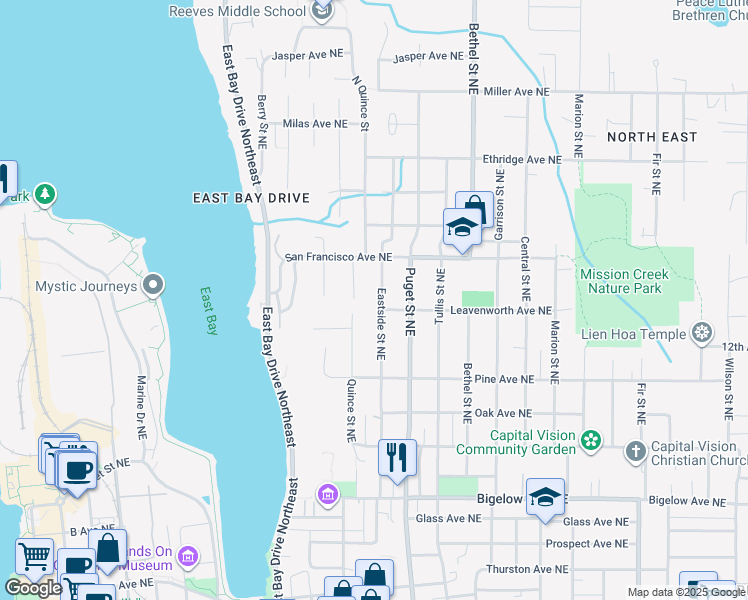 map of restaurants, bars, coffee shops, grocery stores, and more near 1331 Eastside Street Northeast in Olympia
