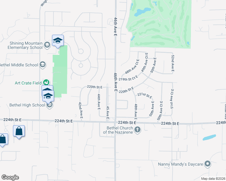 map of restaurants, bars, coffee shops, grocery stores, and more near 21915 45th Avenue East in Spanaway