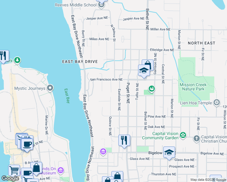 map of restaurants, bars, coffee shops, grocery stores, and more near 1331 Eastside Street Northeast in Olympia