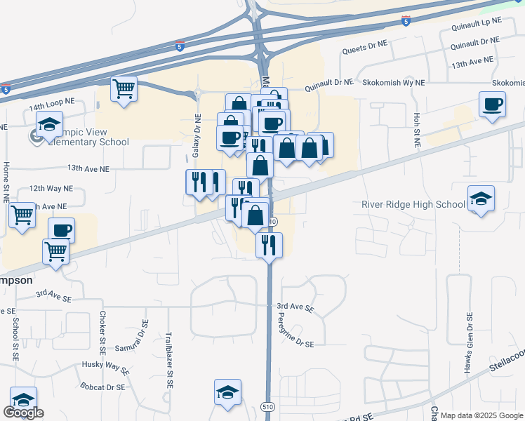 map of restaurants, bars, coffee shops, grocery stores, and more near 8225 Martin Way East in Lacey