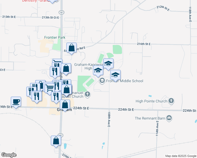 map of restaurants, bars, coffee shops, grocery stores, and more near 22110 108th Avenue East in Graham