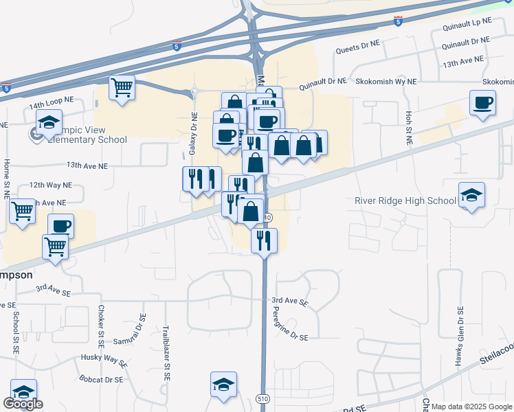 map of restaurants, bars, coffee shops, grocery stores, and more near 8303 Martin Way East in Lacey