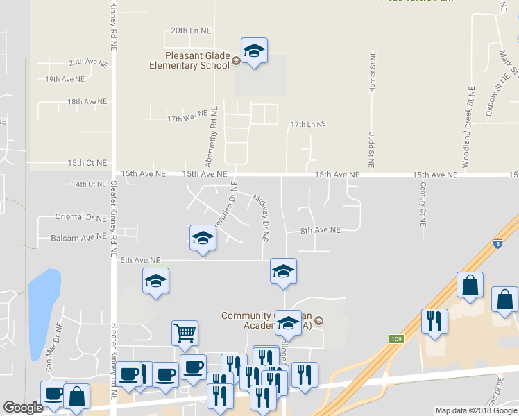 map of restaurants, bars, coffee shops, grocery stores, and more near 727 Midway Drive Northeast in Lacey
