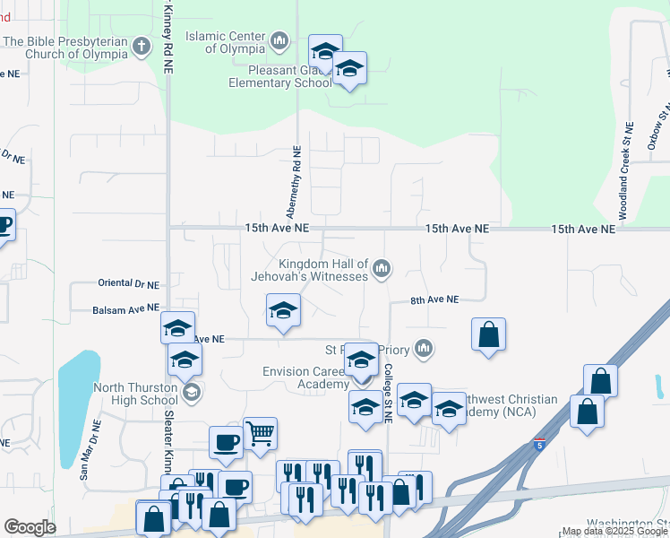 map of restaurants, bars, coffee shops, grocery stores, and more near 712 Enterprise Drive Northeast in Lacey