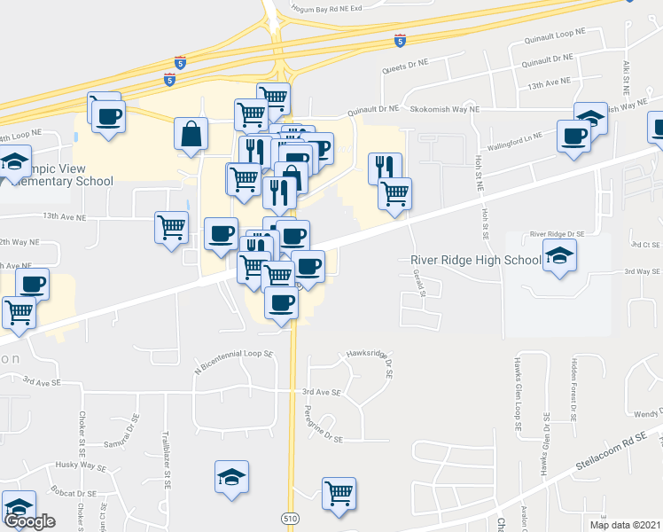 map of restaurants, bars, coffee shops, grocery stores, and more near 8333 Martin Way East in Lacey
