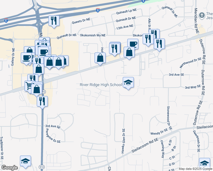 map of restaurants, bars, coffee shops, grocery stores, and more near 211 Hoh Street Southeast in Lacey