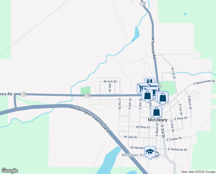 map of restaurants, bars, coffee shops, grocery stores, and more near 125 8th Street in McCleary
