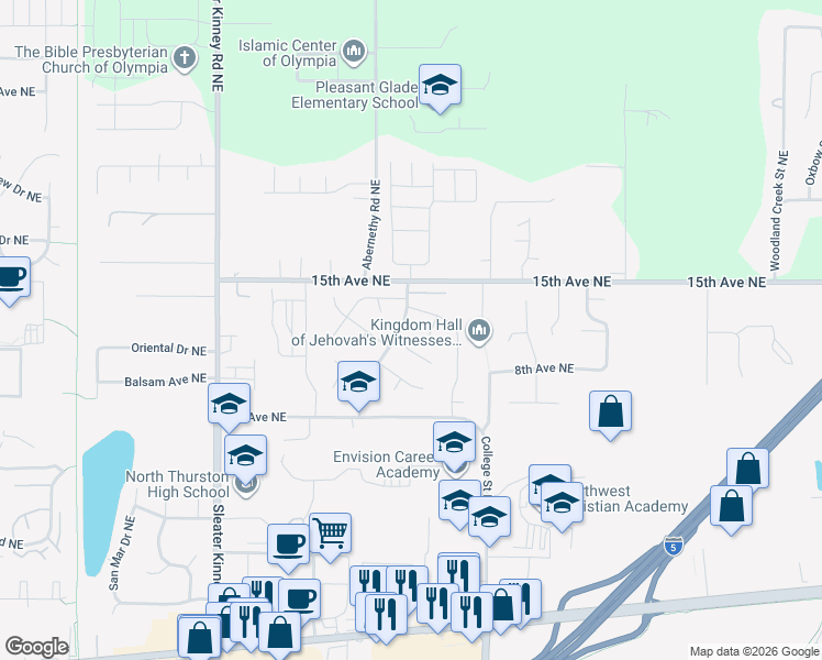 map of restaurants, bars, coffee shops, grocery stores, and more near 712 Enterprise Drive Northeast in Lacey