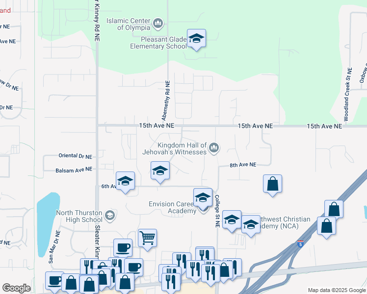 map of restaurants, bars, coffee shops, grocery stores, and more near 712 Enterprise Drive Northeast in Lacey