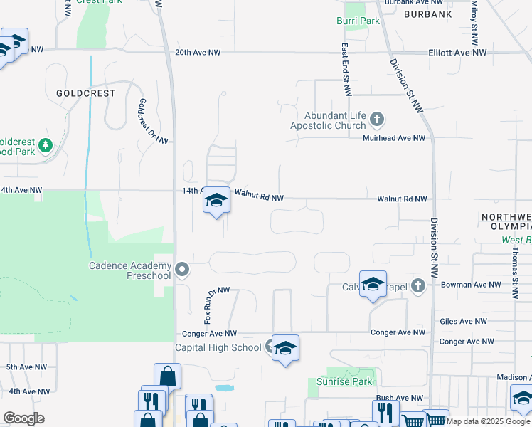 map of restaurants, bars, coffee shops, grocery stores, and more near 2703 Walnut Loop Northwest in Olympia