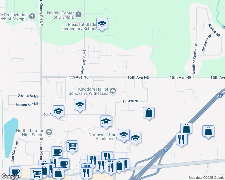 map of restaurants, bars, coffee shops, grocery stores, and more near 923 College Lane Northeast in Lacey