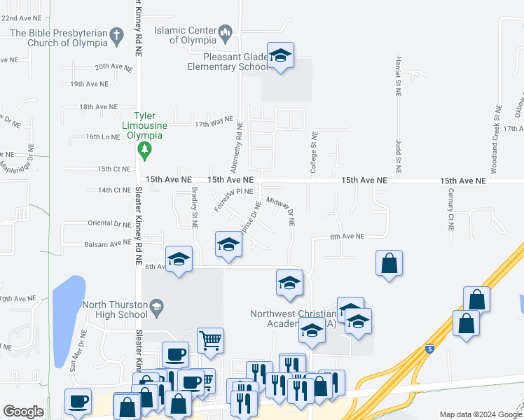 map of restaurants, bars, coffee shops, grocery stores, and more near 712 Enterprise Drive Northeast in Lacey