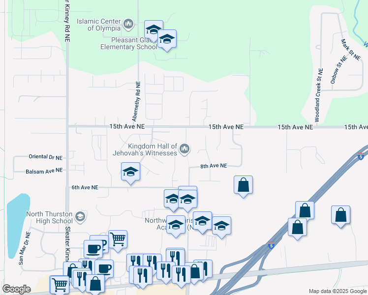 map of restaurants, bars, coffee shops, grocery stores, and more near 923 College Lane Northeast in Lacey