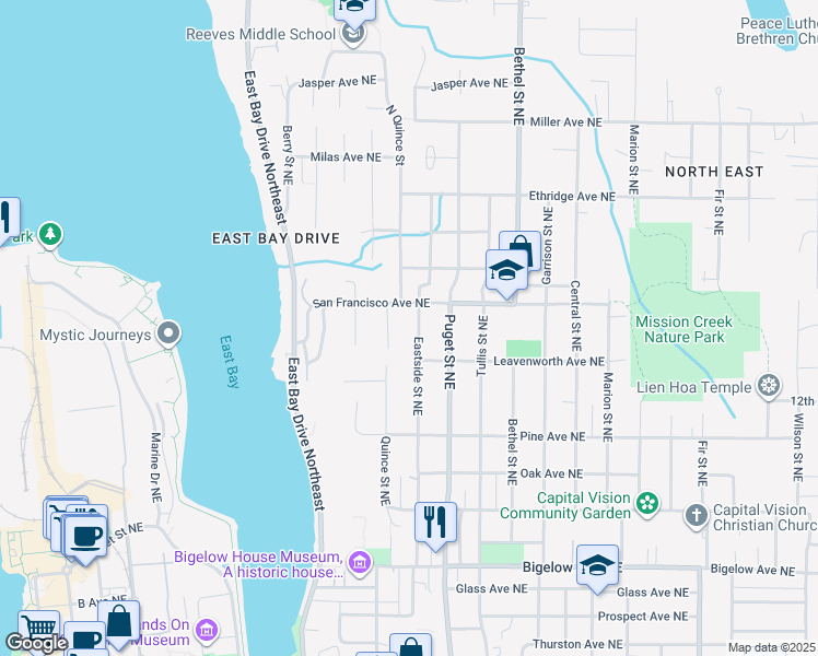 map of restaurants, bars, coffee shops, grocery stores, and more near 1331 Eastside Street Northeast in Olympia