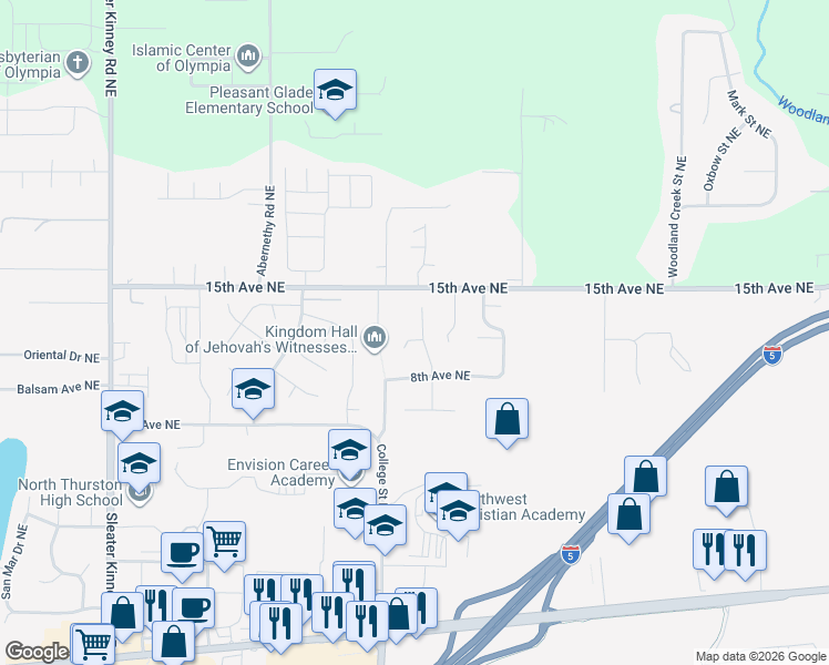 map of restaurants, bars, coffee shops, grocery stores, and more near 841 Westminster Court Northeast in Lacey