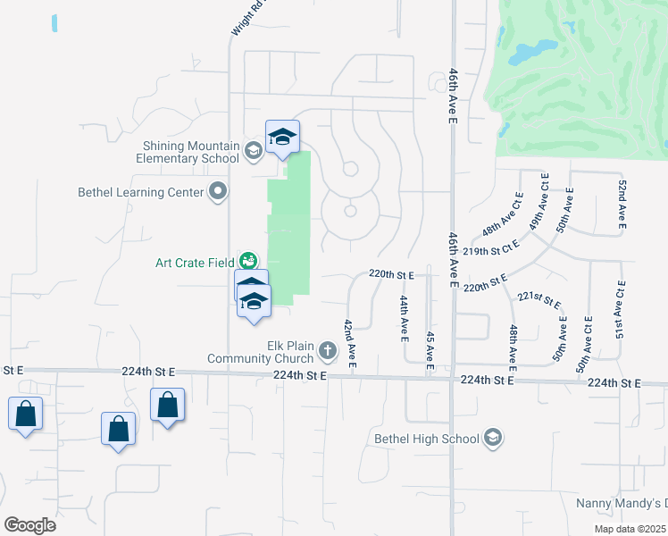 map of restaurants, bars, coffee shops, grocery stores, and more near 4113 220th Street East in Spanaway