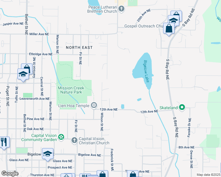 map of restaurants, bars, coffee shops, grocery stores, and more near 1336 Wilson Street Northeast in Olympia