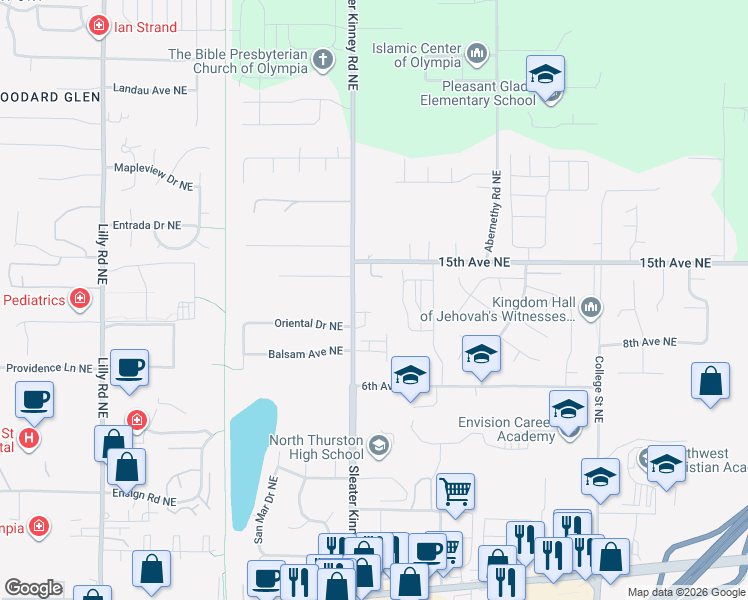 map of restaurants, bars, coffee shops, grocery stores, and more near 940 Sleater Kinney Road Northeast in Olympia