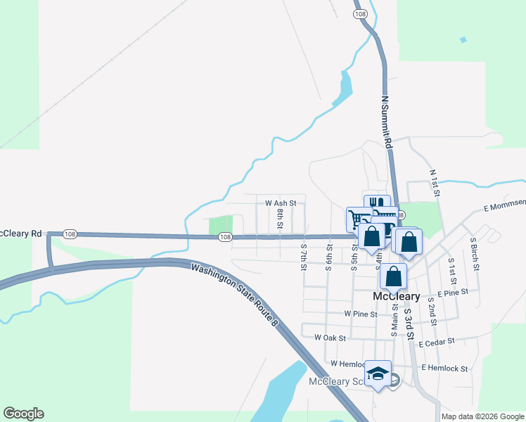 map of restaurants, bars, coffee shops, grocery stores, and more near 125 8th Street in McCleary