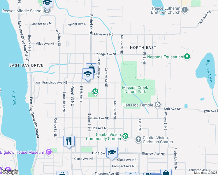 map of restaurants, bars, coffee shops, grocery stores, and more near 1331 Marion Street Northeast in Olympia
