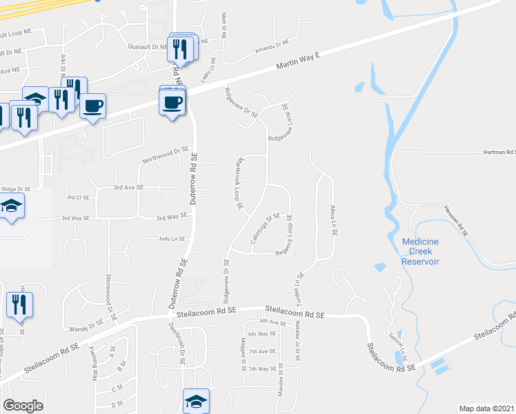 map of restaurants, bars, coffee shops, grocery stores, and more near Ridgeview Drive Southeast in Olympia