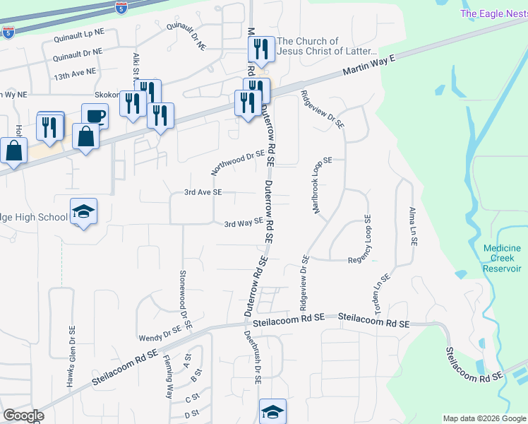 map of restaurants, bars, coffee shops, grocery stores, and more near 9346 3rd Way Southeast in Olympia