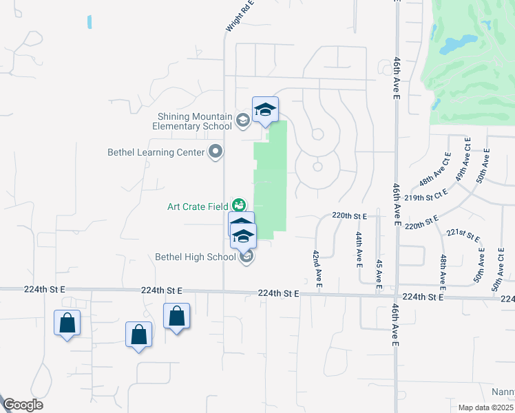 map of restaurants, bars, coffee shops, grocery stores, and more near 22215 38th Avenue East in Spanaway