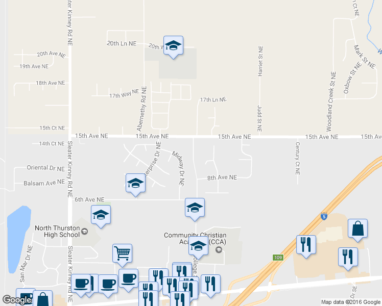 map of restaurants, bars, coffee shops, grocery stores, and more near 931 College Lane Northeast in Lacey