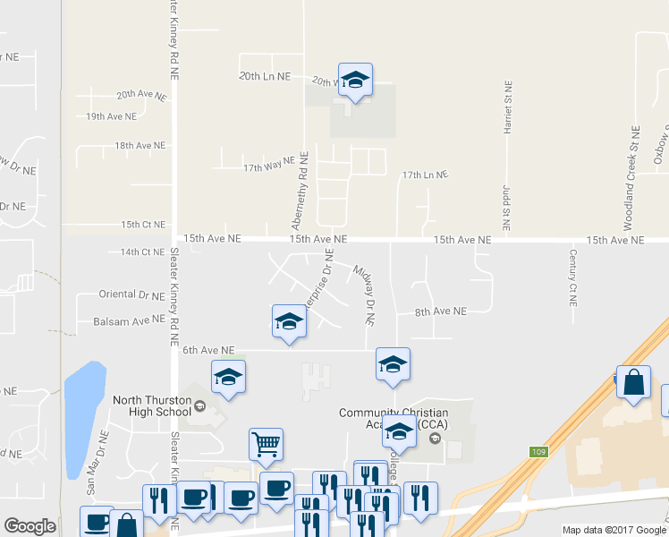 map of restaurants, bars, coffee shops, grocery stores, and more near 1037 Midway Drive Northeast in Lacey